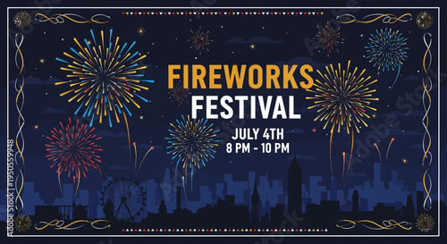 Fireworks Festival Celebration in City Skyline at Night, July 4th