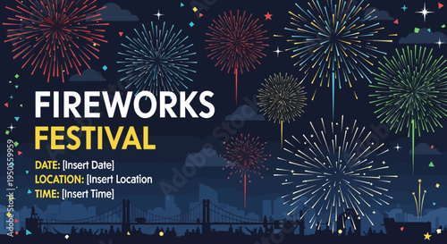 Fireworks Festival Invitation with Cityscape and Bridge at Night