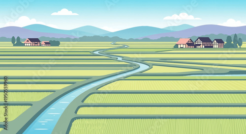 Pixel Art Rice Paddy Field with River and Houses, Rural Landscape