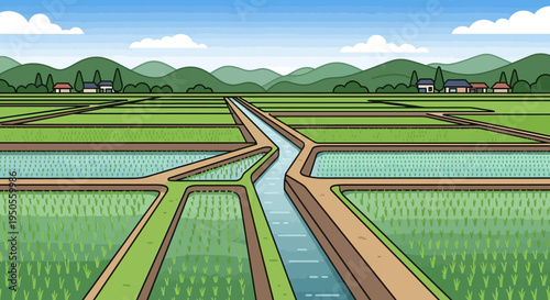 Green Rice Paddies with Irrigation Channels and Distant Village in Summer