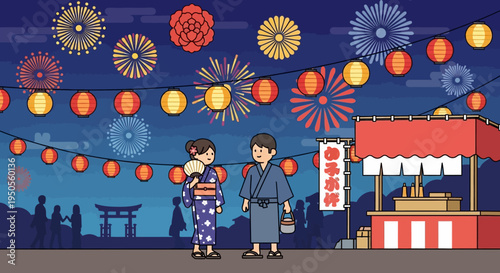 Japanese Couple in Yukata Enjoying Fireworks and Festival Lanterns at Night
