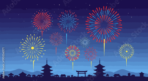 Japanese Festival Fireworks Over Pagoda Silhouette at Night