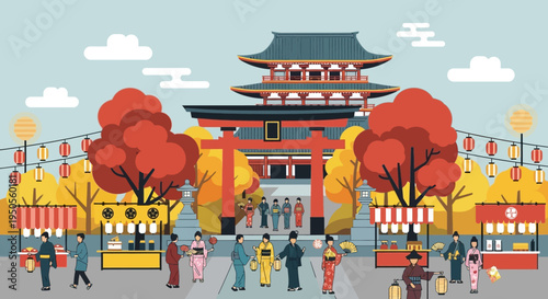 Japanese Festival Scene with Torii Gate, Stalls, and People in Kimonos