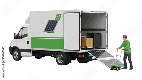 Solar Panel Delivery: A worker uses a hand truck to carefully unload solar panels from the back of a delivery truck, showcasing sustainable energy solutions and transportation