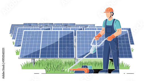 Solar Panel Maintenance: A technician meticulously tends to the green area around the solar panel array, ensuring optimal function.