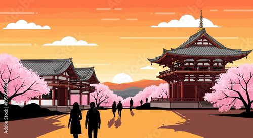 Pixel Art Japanese Temple and Cherry Blossoms at Sunset