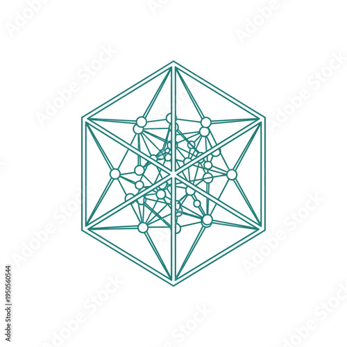 Geometric illustration of a complex polyhedron with interconnected nodes and lines on a white background