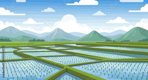 Pixel Art Rice Paddy Fields with Mountains and Clouds