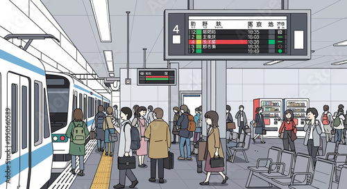 Commuters Waiting on Busy Train Station Platform with Arriving Train and Digital Display