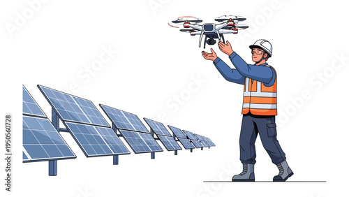 Solar Energy Inspection with Drone: An engineer stands at the forefront of the solar energy innovation, launching a drone over a field of solar panels.
