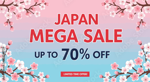 Japan Mega Sale Up to 70% Off Banner with Cherry Blossoms