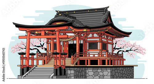 Traditional Japanese Shrine with Torii Gate and Cherry Blossoms