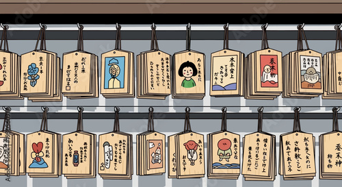 Japanese Ema Votive Tablets with Drawings and Wishes Hanging at Shrine