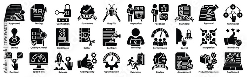 Quality assurance icon set including compliance, monitoring, validation, efficiency, workflow, process, system, metrics, checklist and reliability