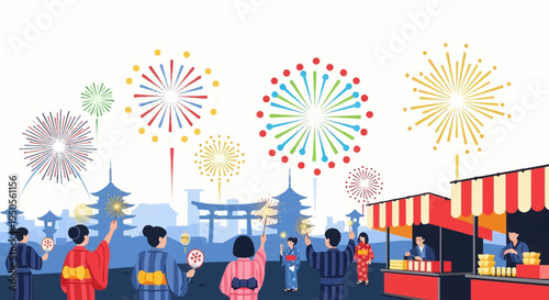 Japanese Summer Festival with Fireworks and Food Stalls