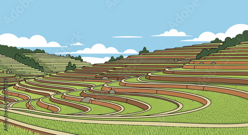 Lush Terraced Rice Fields on a Hillside, Agricultural Landscape