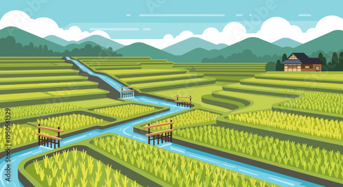 Lush Green Rice Terraces with Irrigation System and Traditional House