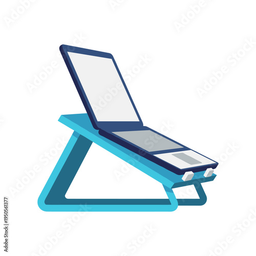 Laptop on a blue ergonomic stand, modern workspace setup