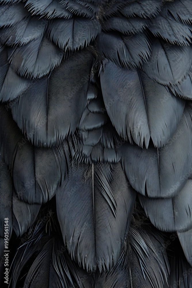 Obraz premium Black bird feathers in a close up view. Detailed texture of bird plumage overlapping. Organic pattern of soft animal down. Natural wildlife abstract background with dark blue plumage detail.