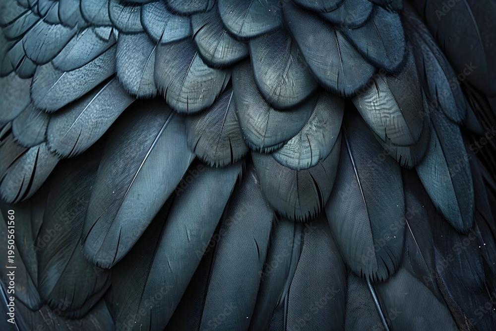 Fototapeta premium Close up of black bird plumage. Macro detailed view of shiny raven wing feathers. Natural avian background of dark plumage texture. Wildlife nature background with layered feather structure.
