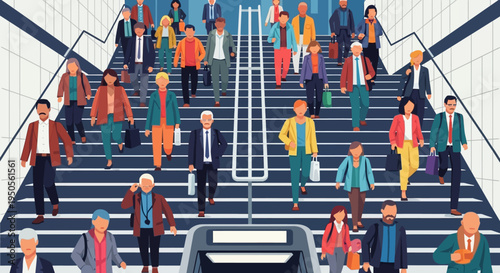 Crowd of diverse people walking up and down stairs in a modern subway station