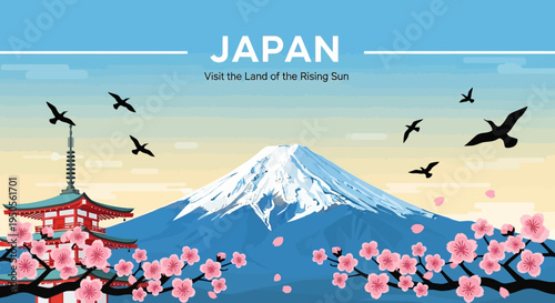 Iconic Mount Fuji and Pagoda in Japan with Cherry Blossoms and Birds