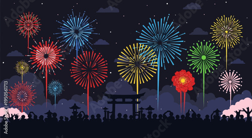 Vibrant Fireworks Display Over Crowd and Torii Gate at Night Festival