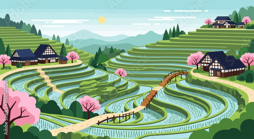 Idyllic Japanese Rice Terraces in Spring with Cherry Blossoms and Traditional Houses