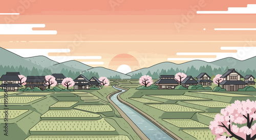 Idyllic Japanese Village at Sunrise with Cherry Blossoms and Rice Fields