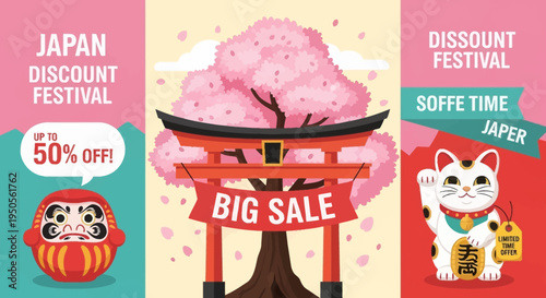 Japan Discount Festival Big Sale with Torii Gate, Daruma Doll, and Maneki Neko