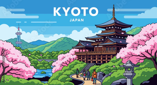 Kyoto Japan Pixel Art: Cherry Blossoms, Pagoda, and Iconic Tower