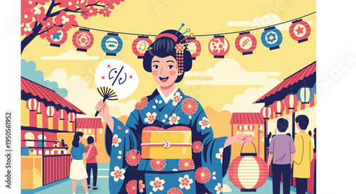 Japanese Woman in Kimono at Summer Festival with Lanterns and Stalls