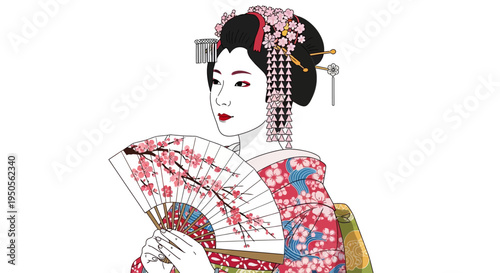 Elegant Geisha Holding a Fan with Cherry Blossoms, Traditional Japanese Art