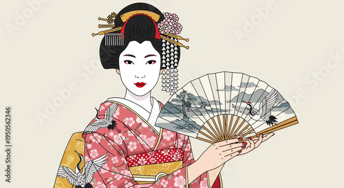 Elegant Geisha Holding a Traditional Fan with Crane and Mountain Design