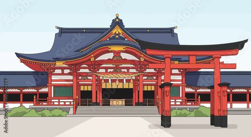 Traditional Japanese Shrine Gate and Temple Building, Vibrant Red and Blue Architecture