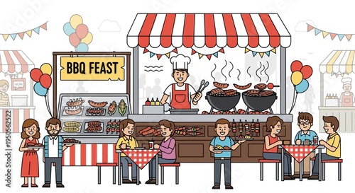 Happy People Enjoying BBQ Feast at Outdoor Food Stall Festival