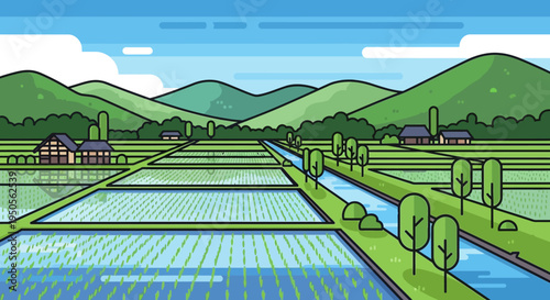 Idyllic Japanese Rice Paddy Landscape with Traditional Houses and Mountains
