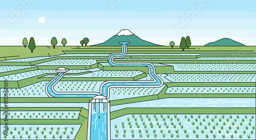 Irrigation System in Japanese Rice Terraces with Mount Fuji Background