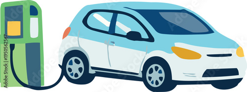 A flat vector illustration of an electric vehicle connected to a charging station, representing sustainable transportation and clean energy technology.