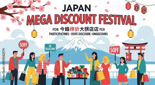 Japan Mega Discount Festival with People Shopping and Mount Fuji Background
