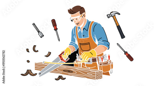 Crafting with Precision: A skilled artisan, amidst his tools of trade, meticulously measures and cuts wood, embodying the essence of craftsmanship and dedication.