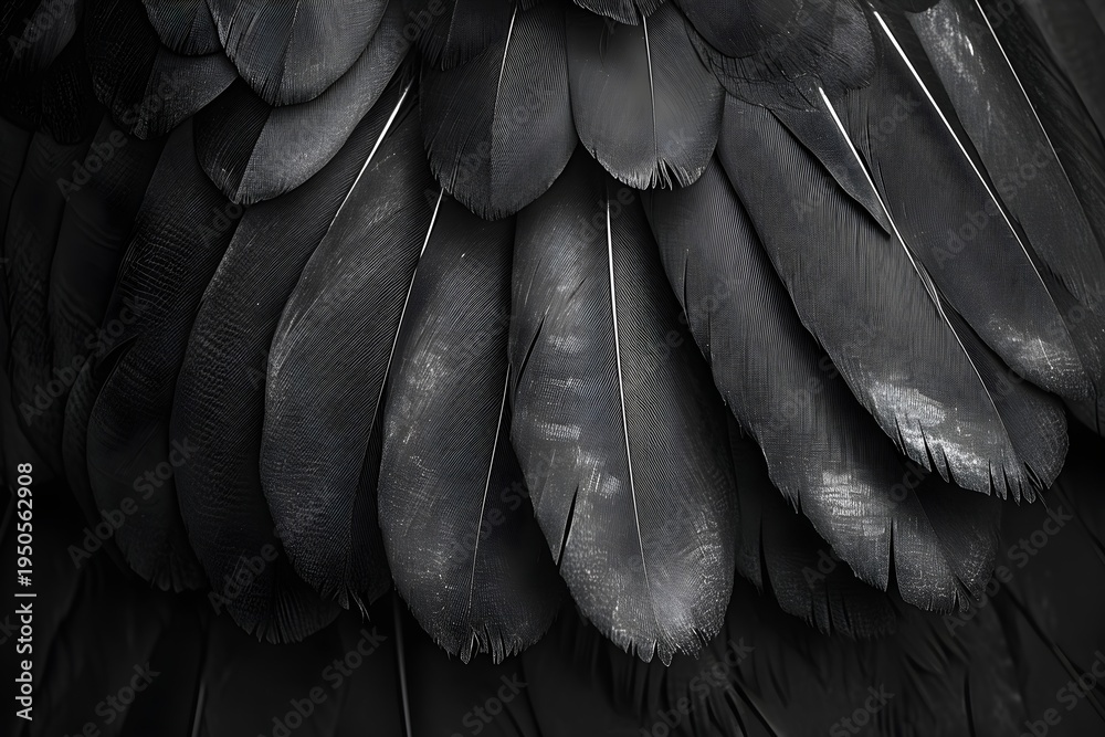 Fototapeta premium Close-up of layered black feathers of a bird wing. Macro shot displaying intricate texture and pattern of soft wildlife plumage. Abstract natural background with monochrome detail.