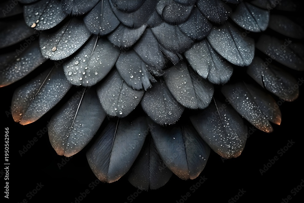 Fototapeta premium Macro detail of black bird feathers covered with sparkling water droplets. Texture of organic plumage with moisture. Abstract natural pattern for wildlife and environmental background.