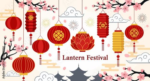 Chinese Lantern Festival Celebration with Cherry Blossoms and Traditional Decorations