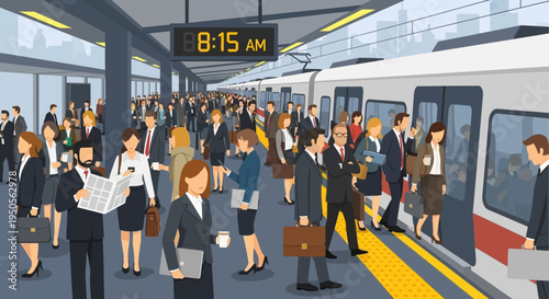 Commuters Rush Hour Subway Station Morning Business People Boarding Train