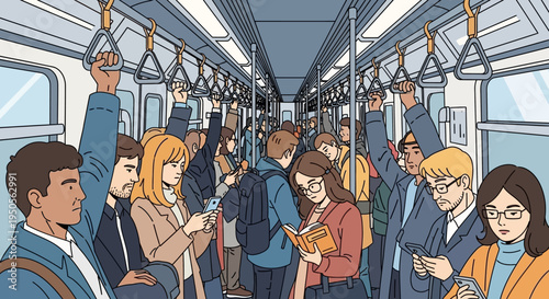 Crowded subway train interior with diverse commuters traveling during the day
