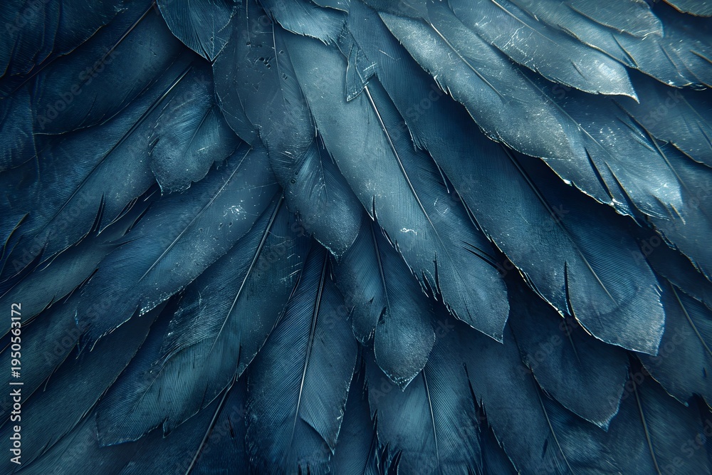 Obraz premium Close up of bird feathers with dark blue tint. Detailed texture of avian plumage overlay. Natural pattern of wing layer for creative background, abstract wildlife design and wallpaper.