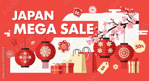 Japan Mega Sale Banner with Cherry Blossoms and Lanterns