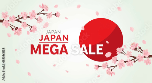 Japan Mega Sale Banner with Cherry Blossoms and Sun Symbol