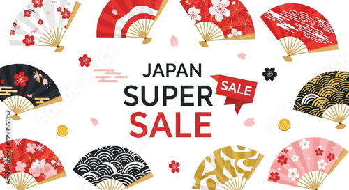 Japan Super Sale Banner with Traditional Fans and Cherry Blossoms